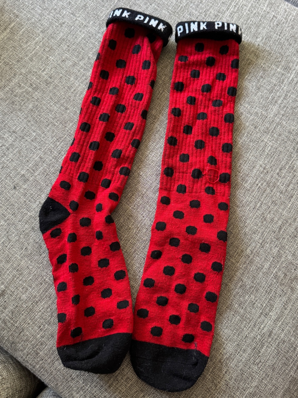 PINK Victoria's Secret Red Crew Socks with Black Polka Dots